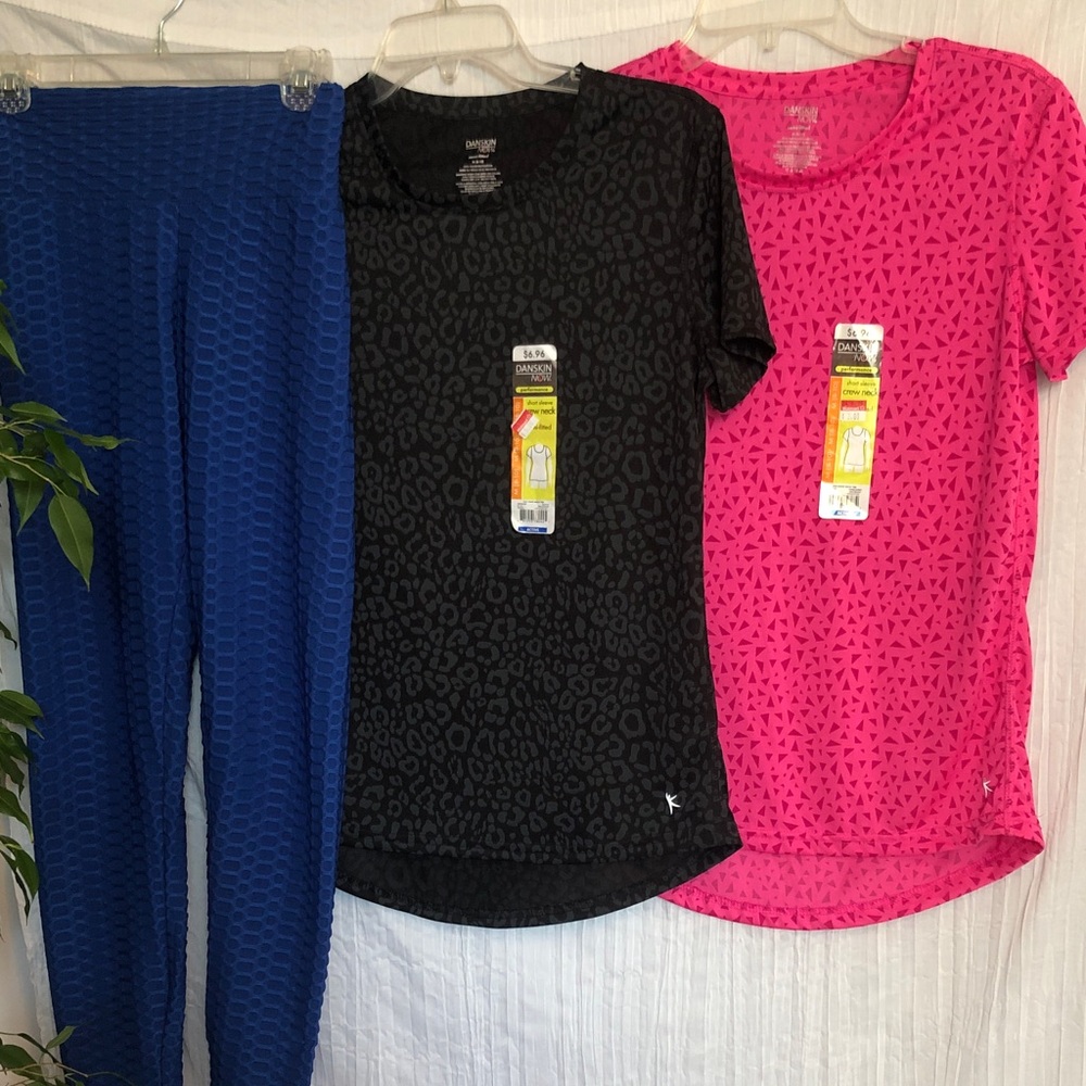 DANSKIN lot 2 leopard print workout tops hot pink & black & blue slim leggings